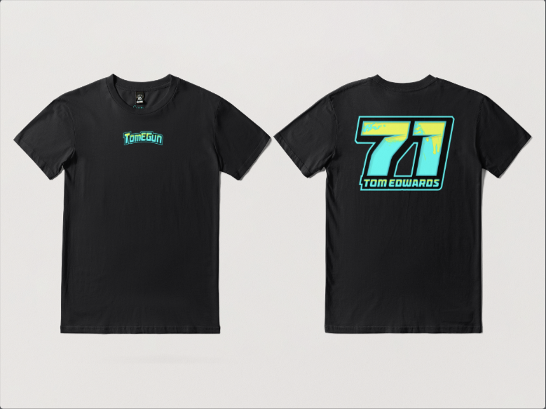 Black Tshirt with blue and yellow Tom E Gun logo in the front centre chest and a large back print 71 Tom Edwards